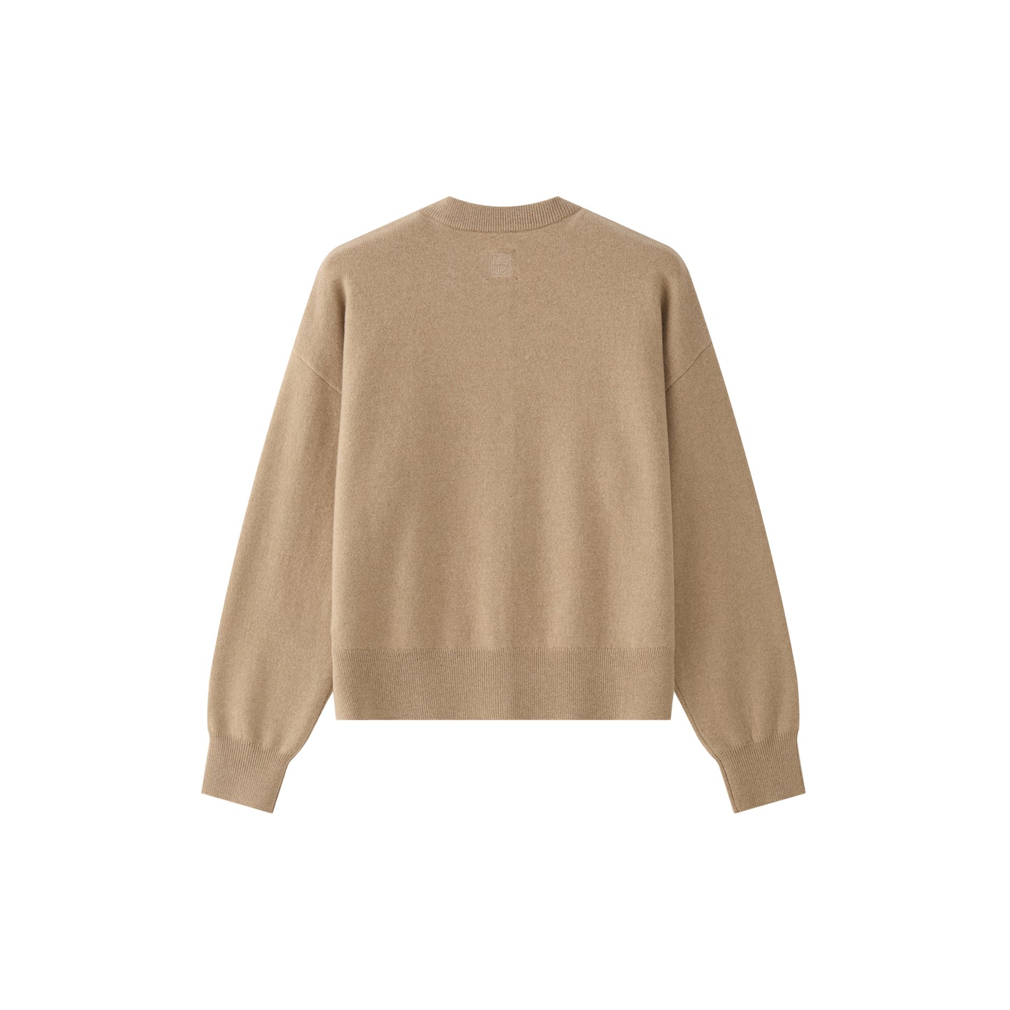 MA06 Cashmere Crewneck Cardigan by Mawei, beige camel, flat lay back side, close up.