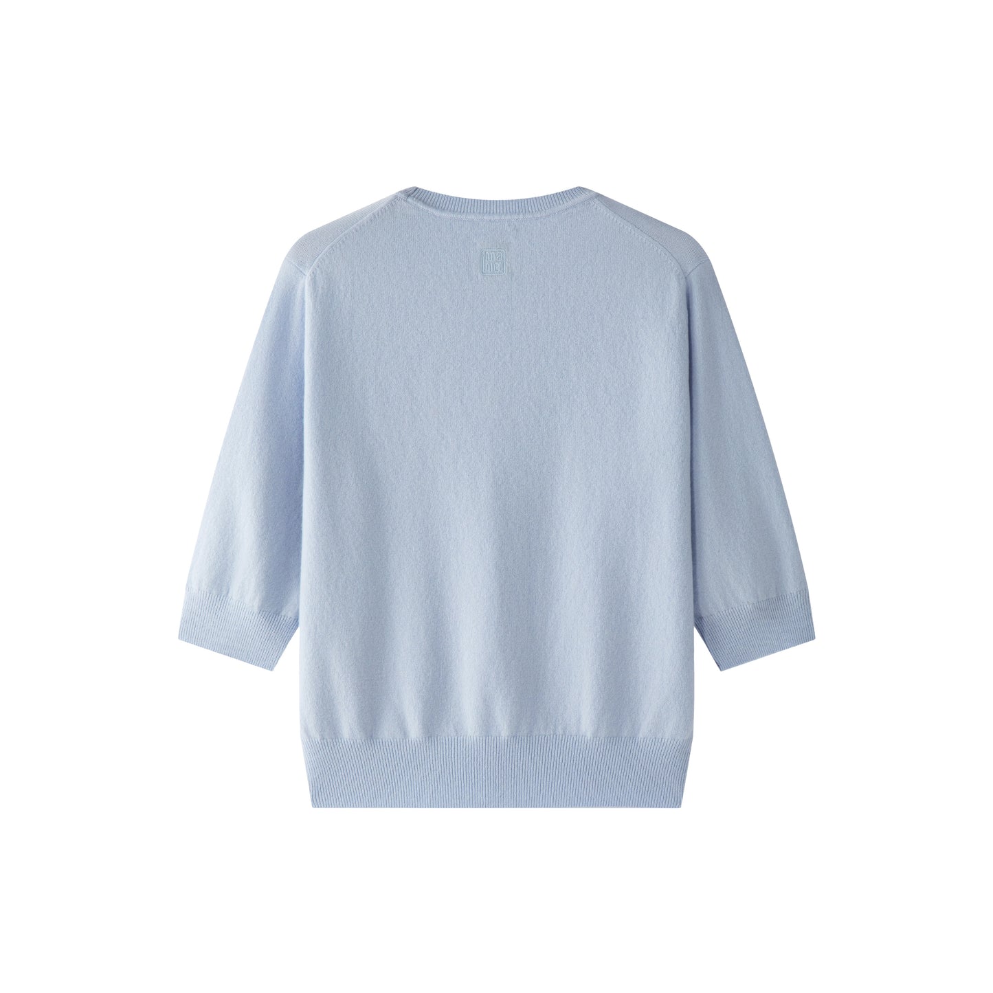 MA03 Cashmere Short Sleeve Crewneck Sweater by Mawei, blue, flat lay back side.
