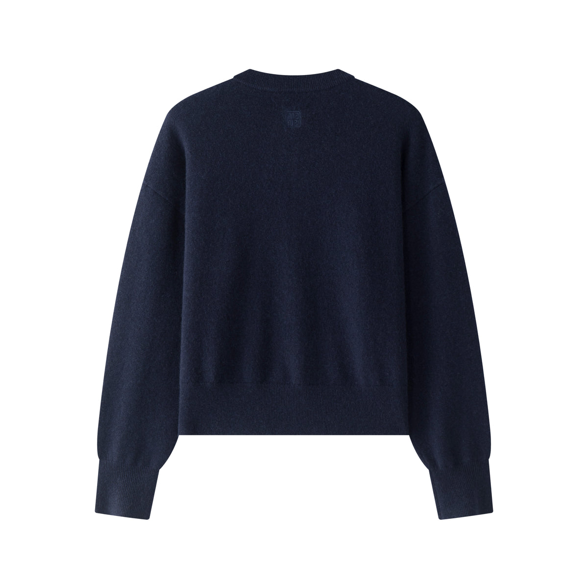 MA06 Cashmere Crewneck Cardigan by Mawei, navy blue, flat lay back side, close up.