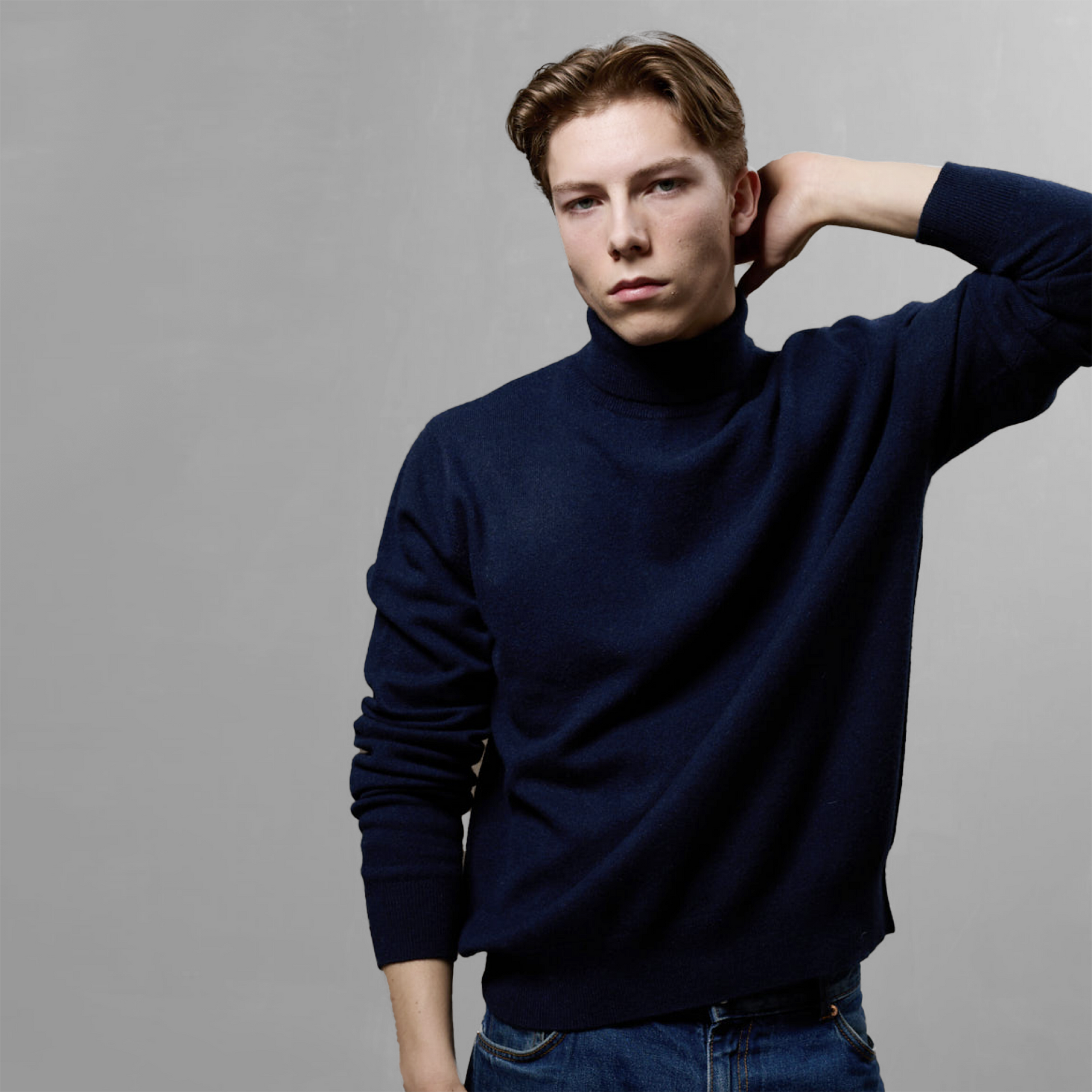MA21 Cashmere Turtleneck Sweater by Mawei, navy blue, front view, male model.