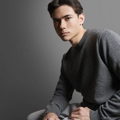 MA22 Cashmere Crewneck Sweater by Mawei, grey, front view, male model.
