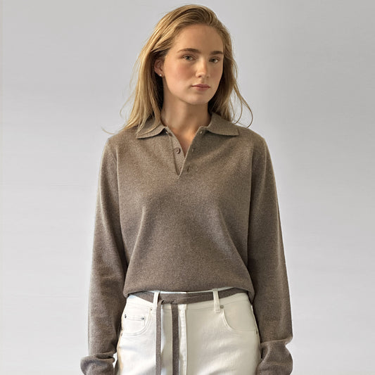 MA25 Cashmere Polo Sweater by Mawei, grey-brown, front view, female model.