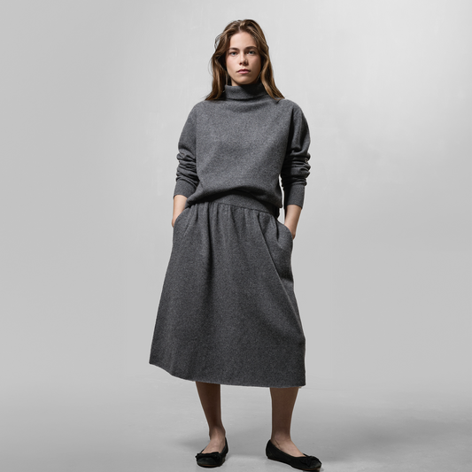 MA33 Cashmere Midi Skirt by Mawei, grey, front view, female model.