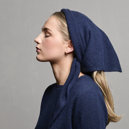 MA81 Cashmere Triangular Scarf by Mawei, navy blue, side view, female model.