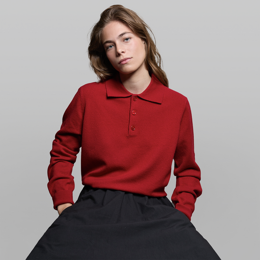 MA05 Cashmere Polo Sweater by Mawei, red, front view, female model.