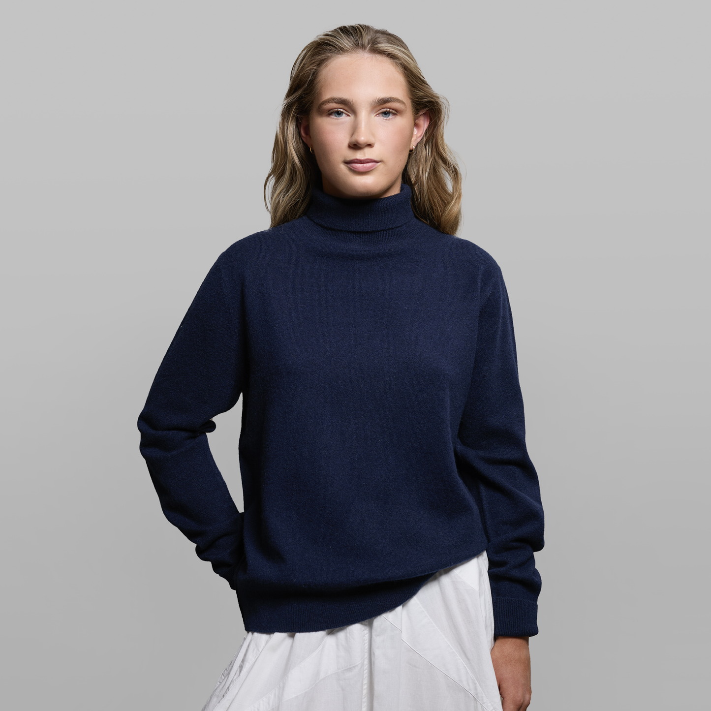 MA21 Cashmere Turtleneck Sweater by Mawei, navy blue, front view, female model.