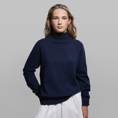 MA21 Cashmere Turtleneck Sweater by Mawei, navy blue, front view, female model.