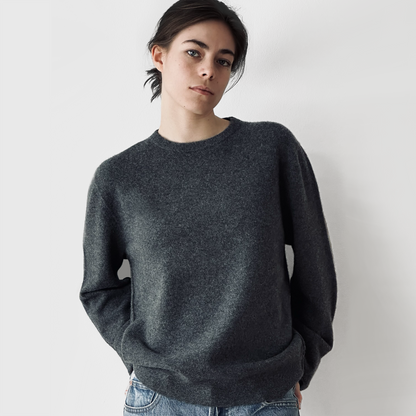 MA22 Cashmere Crewneck Sweater by Mawei, grey, front view, female model.
