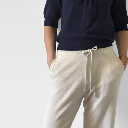 MA44 Cashmere Trousers with pockets by Mawei, off white, front view, female model.