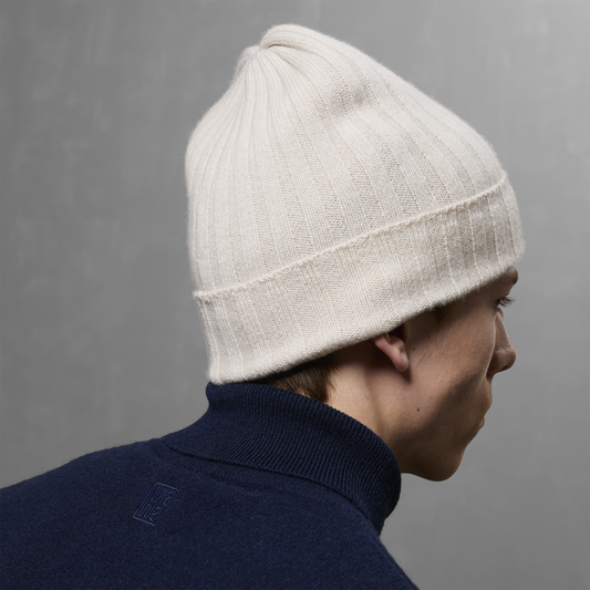 MA71 Cashmere Beanie by Mawei, off white, side view, male model.