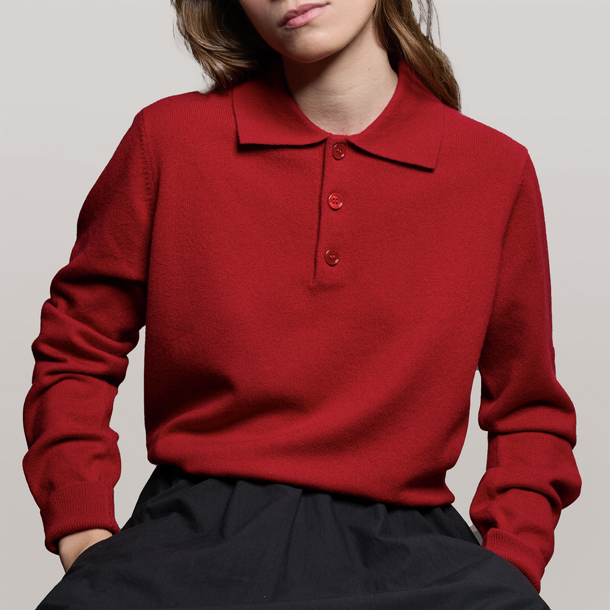 MA05 Cashmere Polo Sweater by Mawei, red, front view, female model.