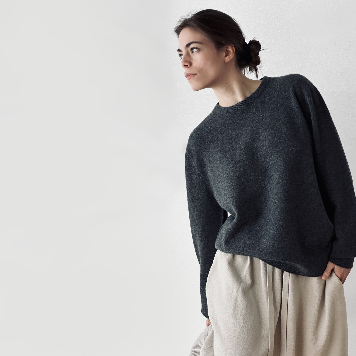 MA22 Cashmere Crewneck Sweater by Mawei, grey, front view, female model.