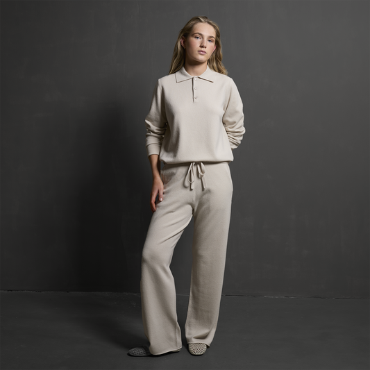 MA44 Cashmere Trousers with pockets by Mawei, off white, front view, female model.