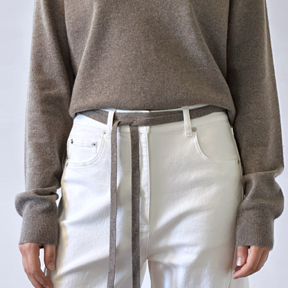 MA91 Cashmere Ribbon by Mawei, grey brown, belt, female model.