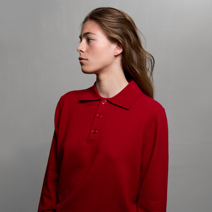 MA05 Cashmere Polo Sweater by Mawei, red, front view, female model.