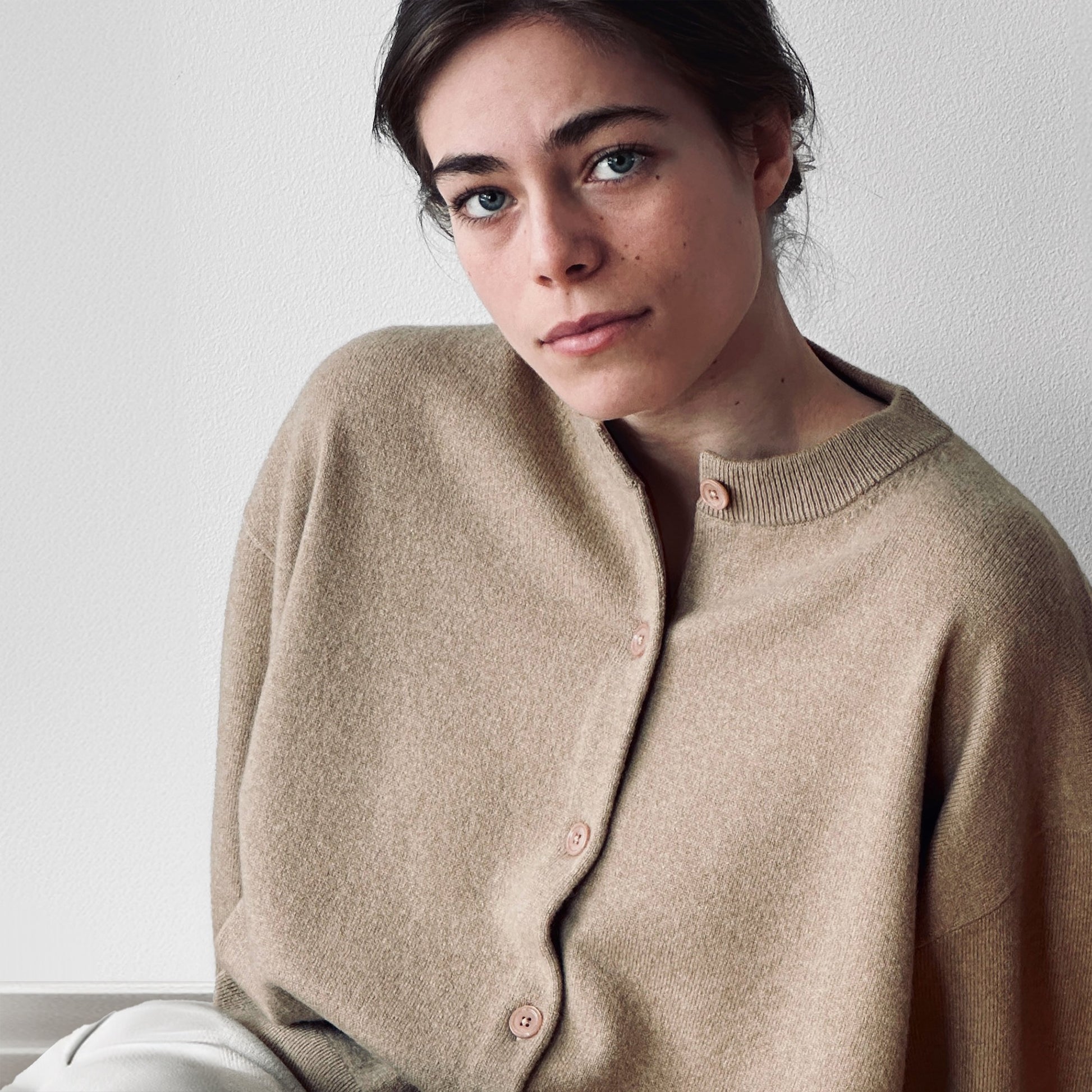 MA06 Cashmere Crewneck Cardigan by Mawei, beige camel, front view, female model.
