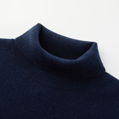 MA21 Cashmere Turtleneck Sweater by Mawei, navy blue, front view, close-up.