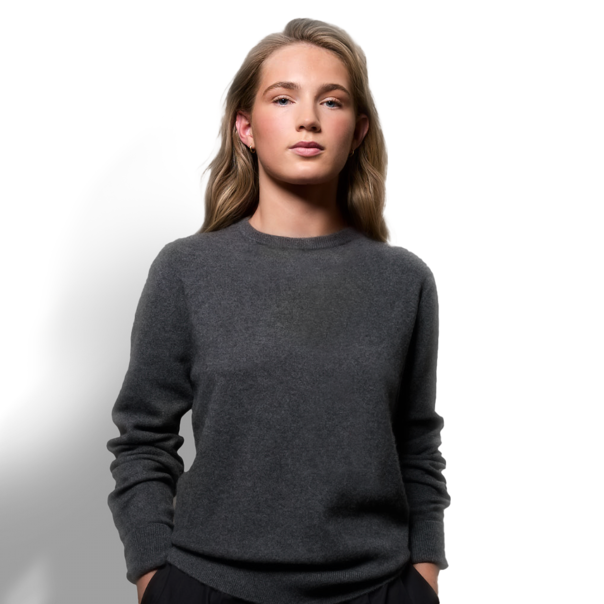 MA22 Cashmere Crewneck Sweater by Mawei, grey, front view, female model.