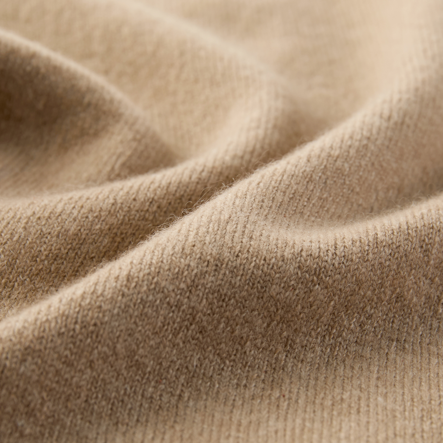 MA06 Cashmere Cardigan by Mawei, beige camel, fabric texture close-up.