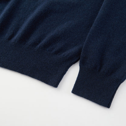 MA21 Cashmere Turtleneck Sweater by Mawei, navy blue, hem, cuff rib close-up.