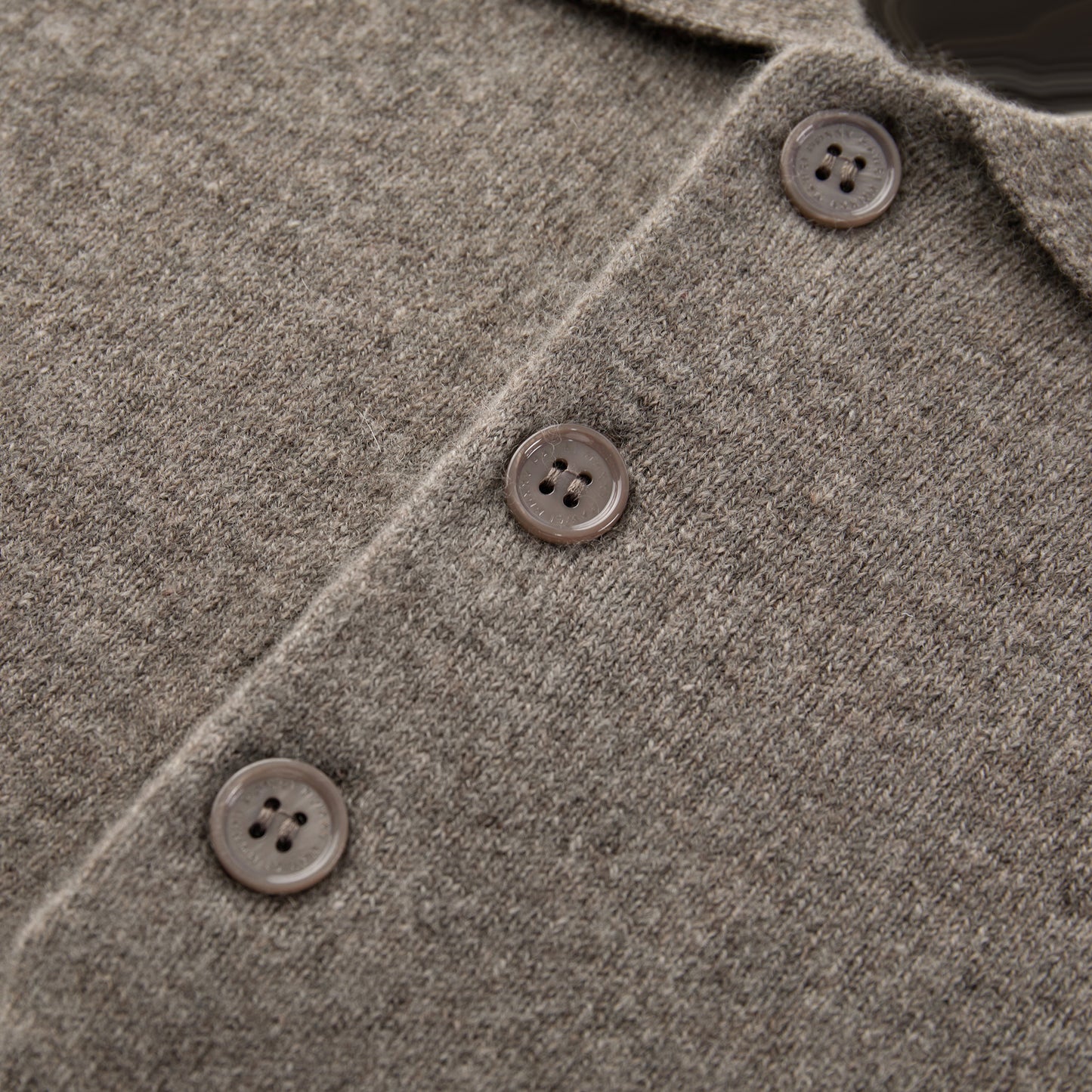 MA25 Cashmere Polo Sweater by Mawei, grey-brown, buttons, fabric texture, details close-up.