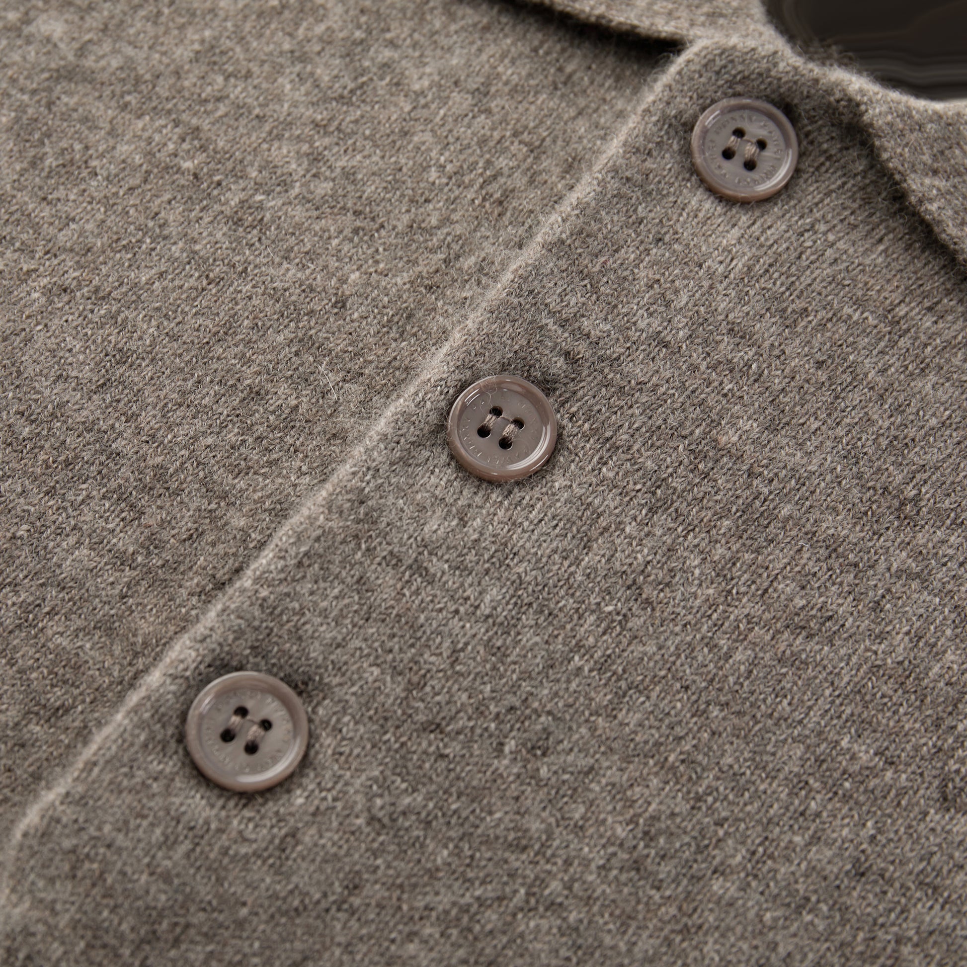 MA25 Cashmere Polo Sweater by Mawei, grey-brown, buttons, fabric texture, details close-up.
