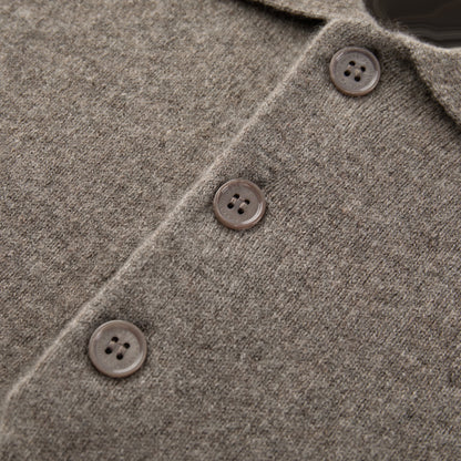 MA25 Cashmere Polo Sweater by Mawei, grey-brown, buttons, fabric texture, details close-up.