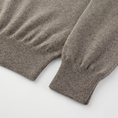 MA25 Cashmere Polo Sweater by Mawei, grey-brown, fabric texture, cuff, hem rib details close-up.