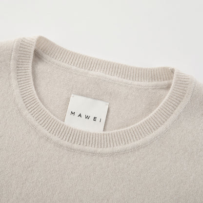 MA03 Cashmere Short Sleeve Crewneck Sweater by Mawei, off white, neck rib detail close-up.