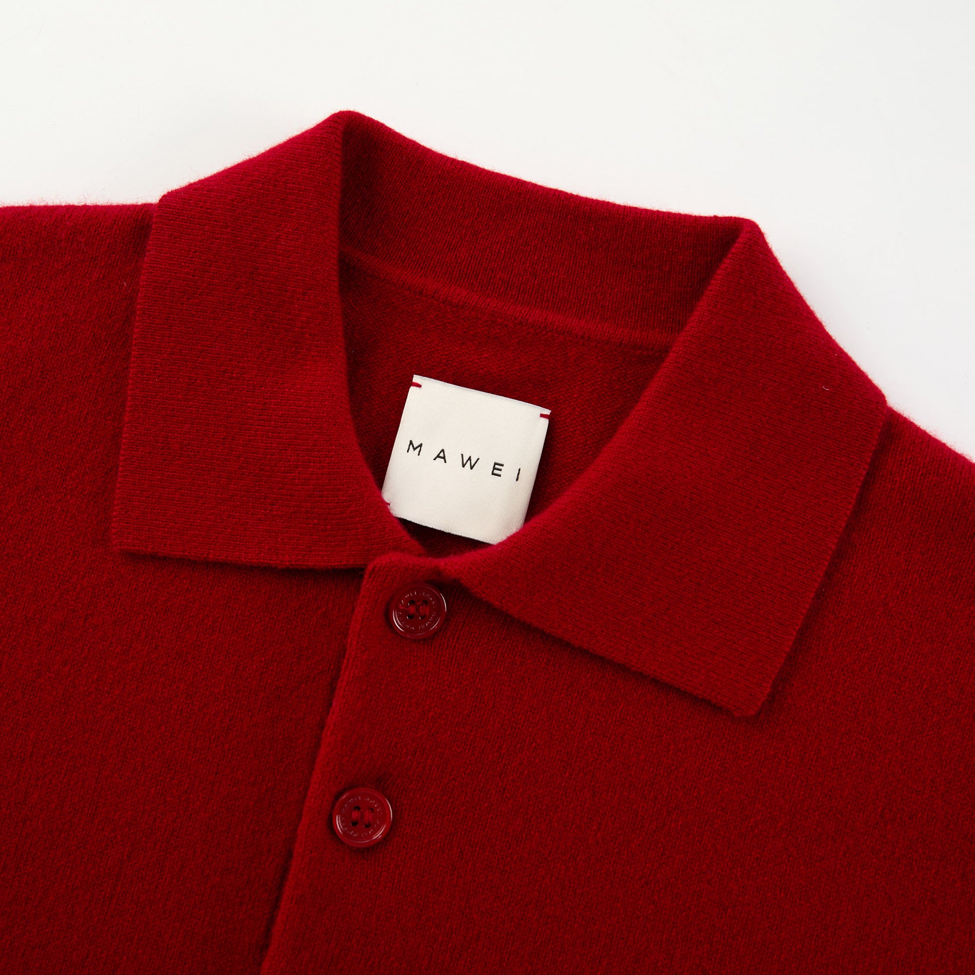 MA05 Cashmere Polo Sweater by Mawei, red, flat lay, polo collar close-up.