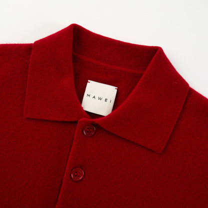 MA05 Cashmere Polo Sweater by Mawei, red, flat lay, polo collar close-up.