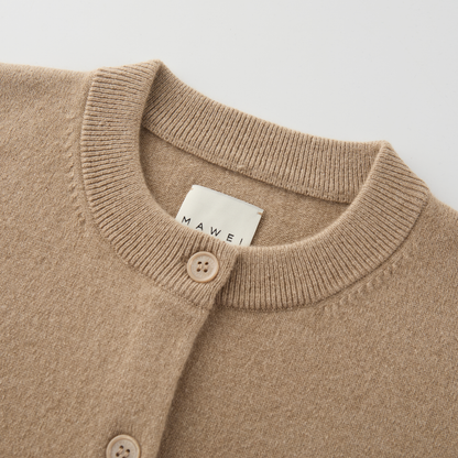 MA06 Cashmere Crewneck Cardigan by Mawei, beige camel, neck detail close-up.