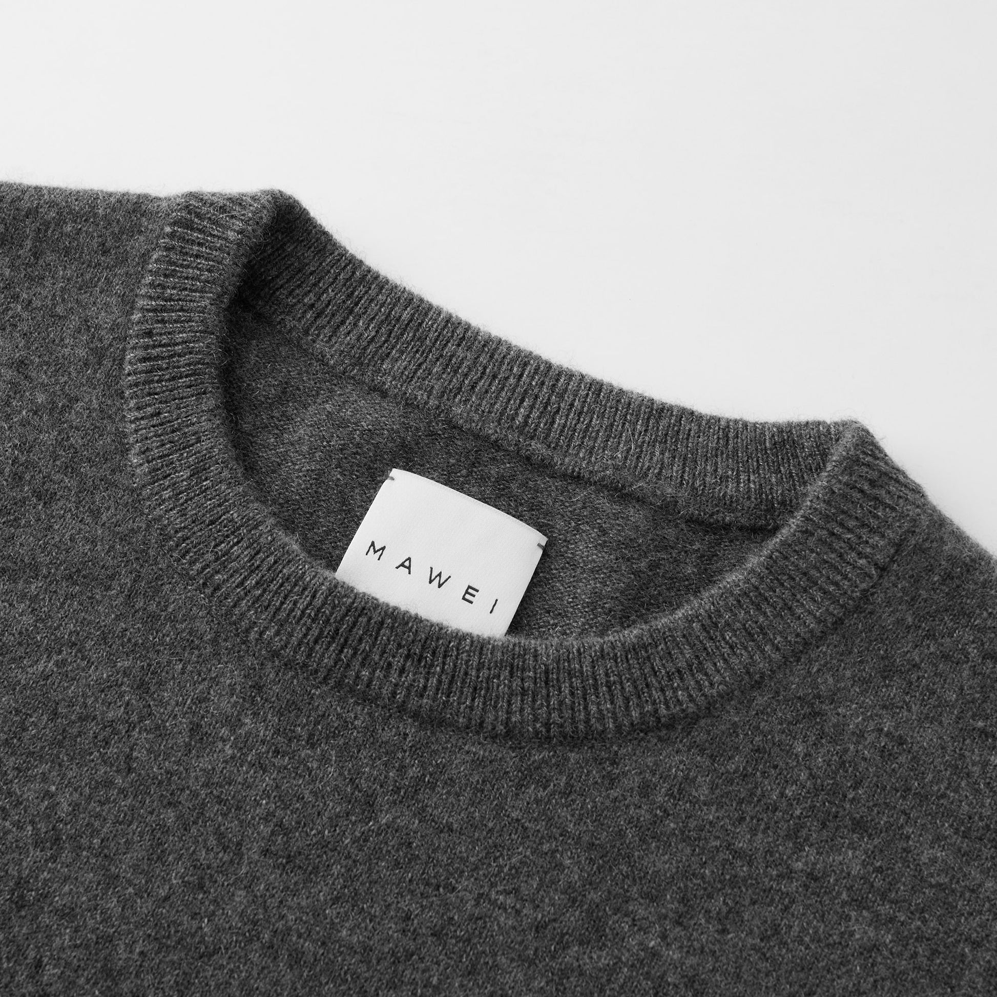 MA22 Cashmere Crewneck Sweater by Mawei, grey, neck detail close-up.