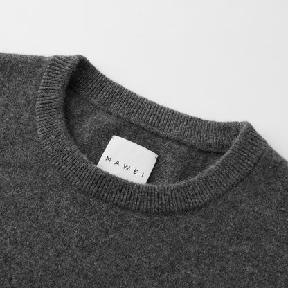 MA22 Cashmere Crewneck Sweater by Mawei, grey, neck detail close-up.