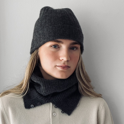 MA71 Cashmere Beanie by Mawei, grey, front view, female model.