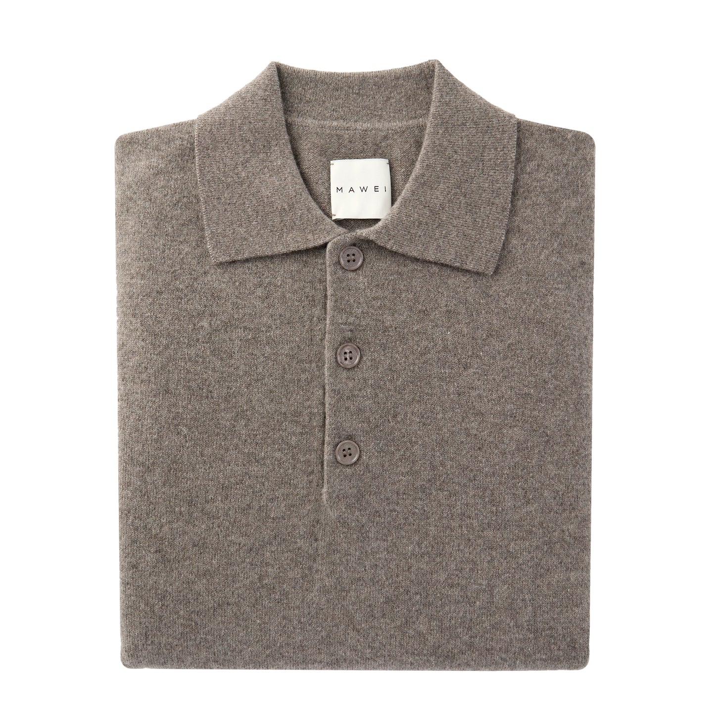 MA25 Cashmere Polo Sweater by Mawei, grey-brown, flat lay and folded.
