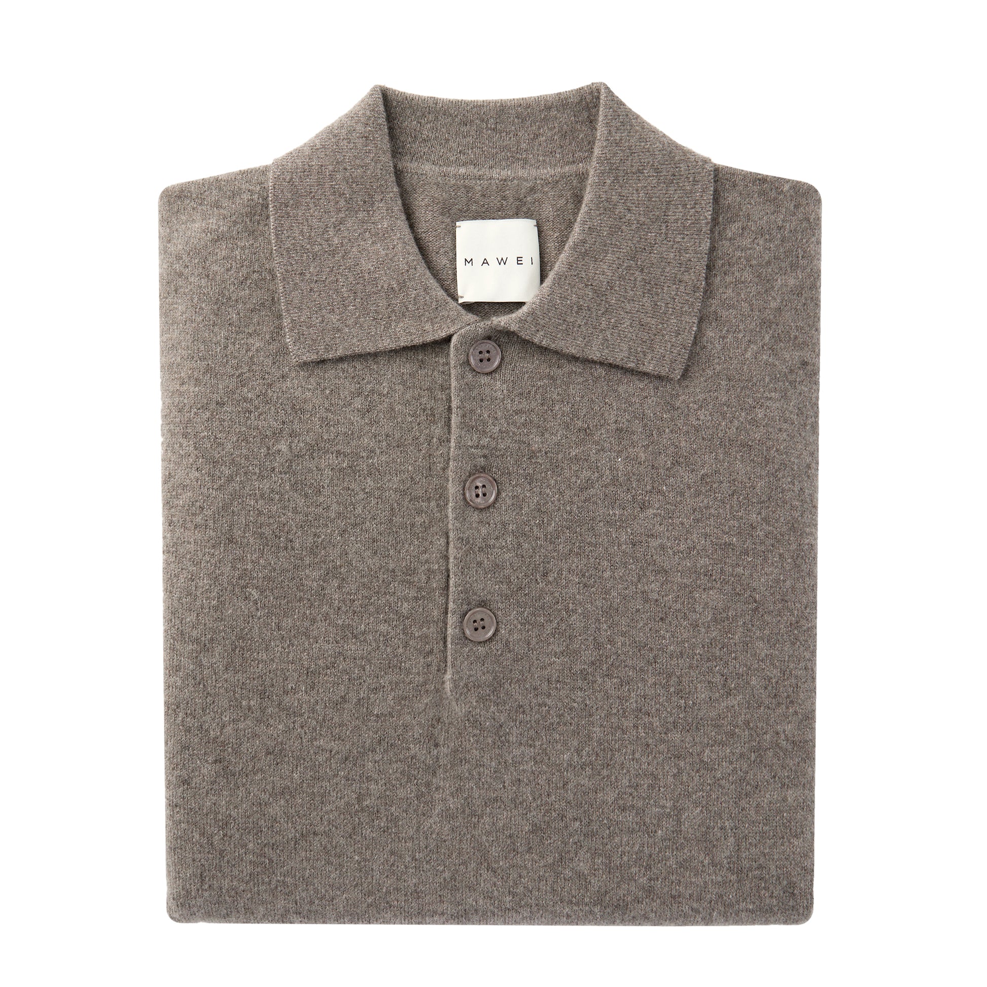MA25 Cashmere Polo Sweater by Mawei, grey-brown, flat lay and folded.