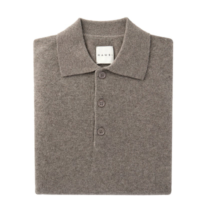 MA25 Cashmere Polo Sweater by Mawei, grey-brown, flat lay and folded.