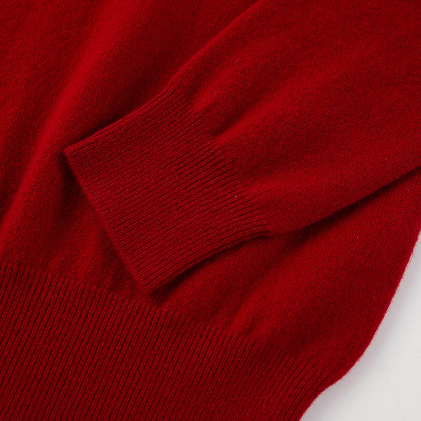 MA05 Cashmere Polo Sweater by Mawei, red, hem, cuff rib detail close-up.