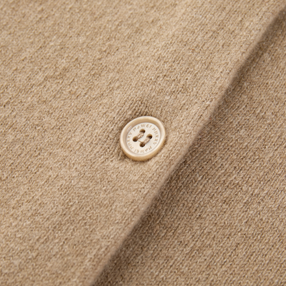 MA06 Cashmere Crewneck Cardigan by Mawei, beige camel, buttons detail close-up.
