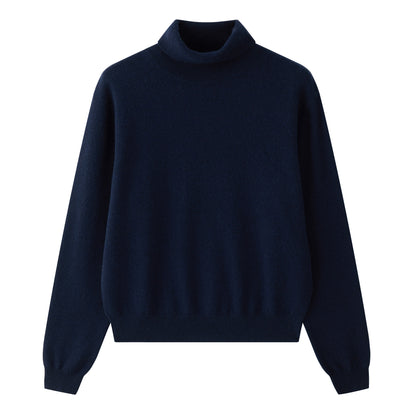 MA21 Cashmere Turtleneck Sweater by Mawei, navy blue, flat lay.