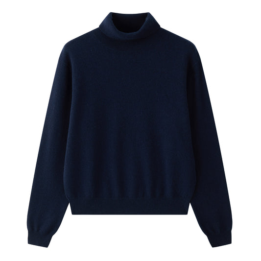MA21 Cashmere Turtleneck Sweater by Mawei, navy blue, flat lay.