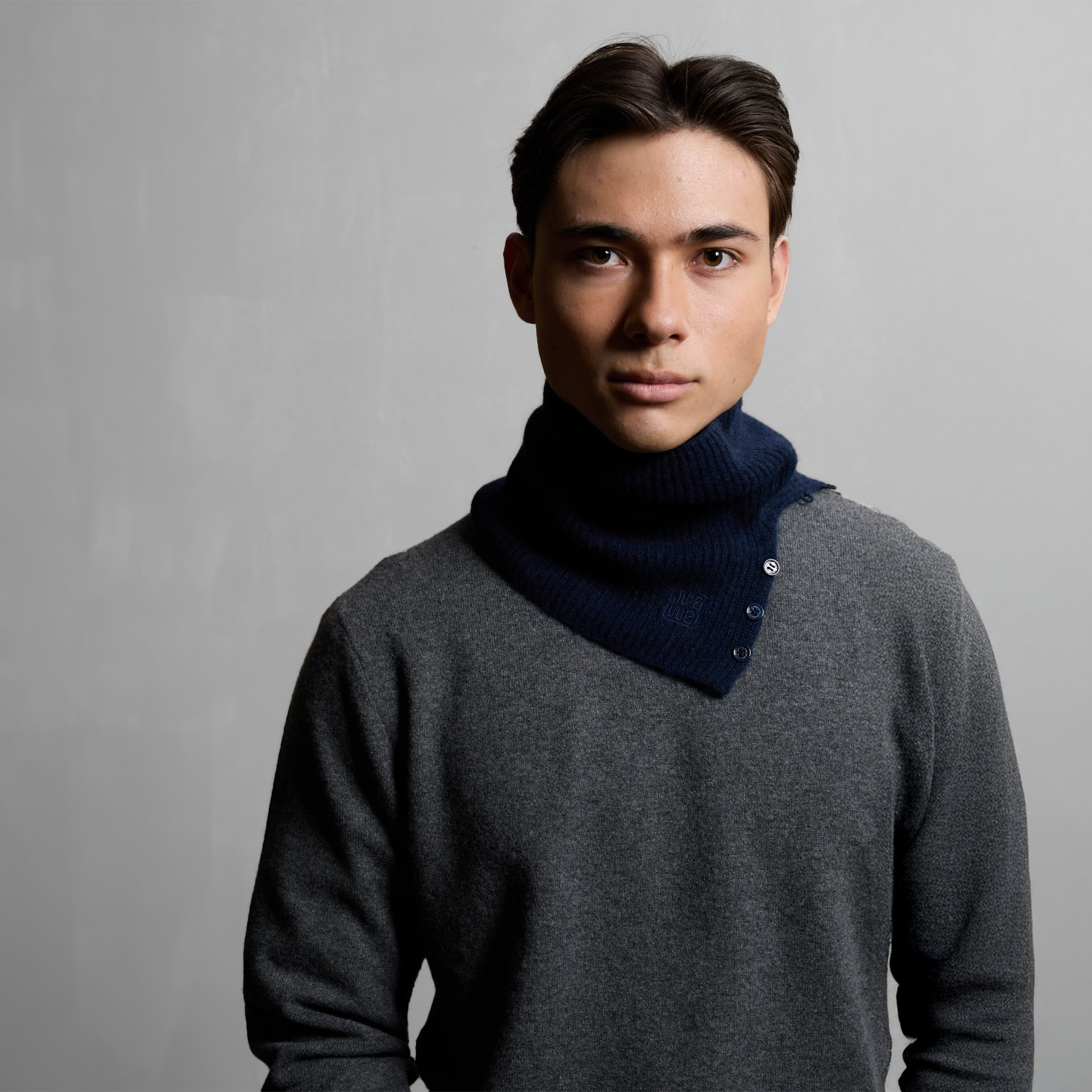 MA61 Cashmere Buff with Buttons by Mawei, navy blue, front view, male model.
