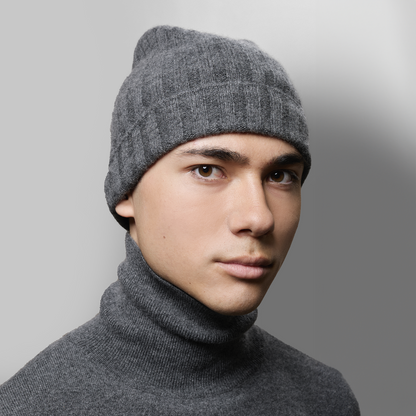 MA71 Cashmere Beanie by Mawei, grey-brown, front view, male model.