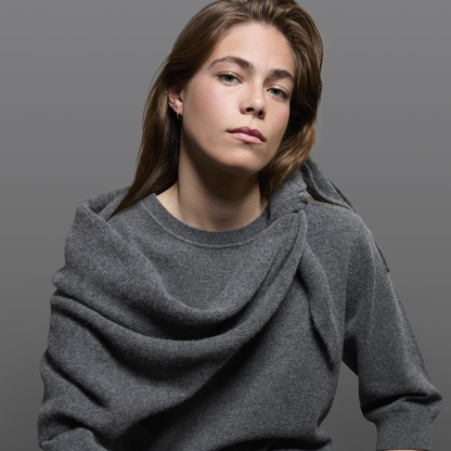 MA81 Cashmere Triangular Scarf by Mawei, grey, front view, female model.