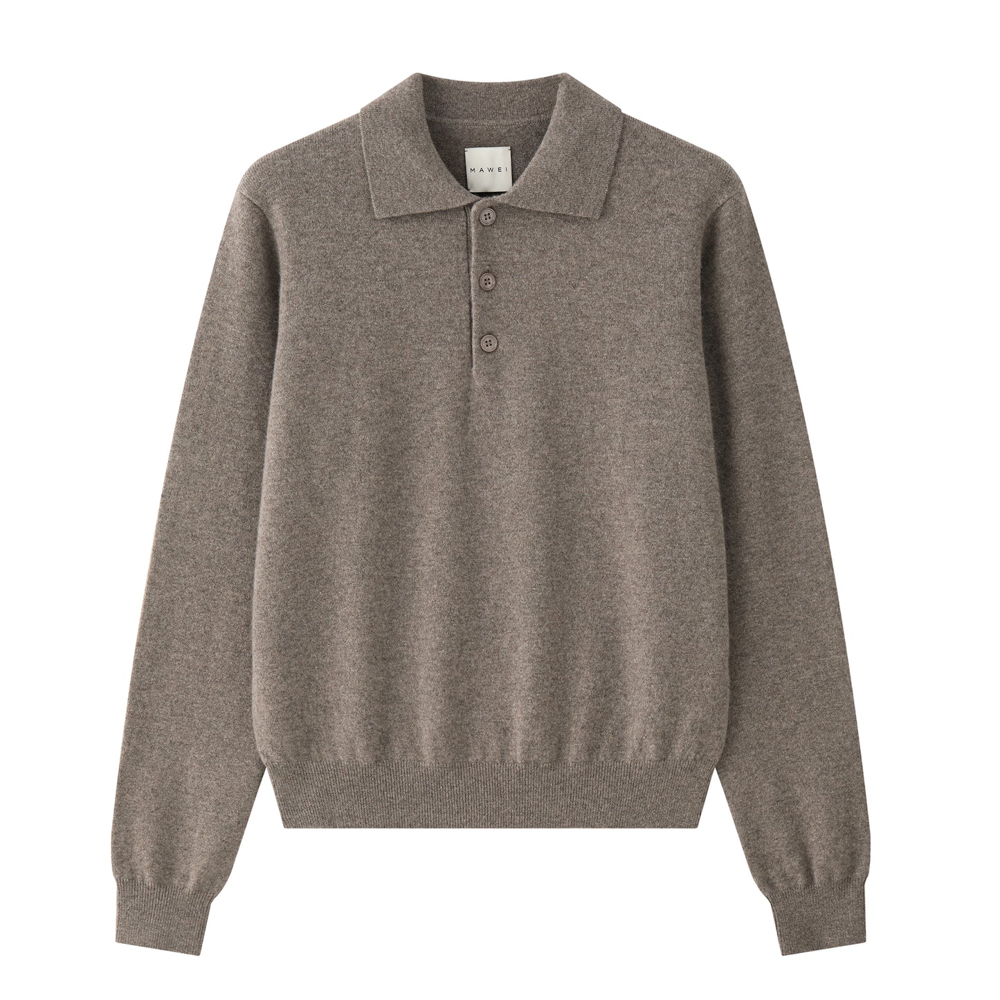 MA25 Cashmere Polo Sweater by Mawei, grey-brown, flat lay.