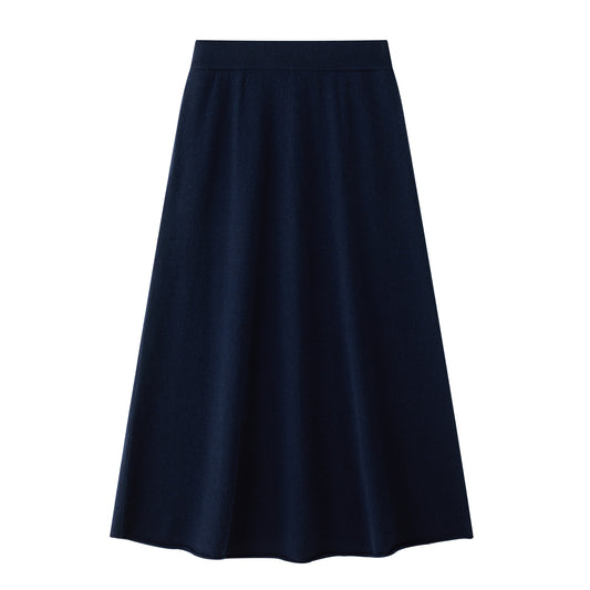 MA34 Cashmere A‑Line Skirt with pockets by Mawei, navy blue, front view.