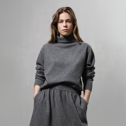 MA21 Cashmere Turtleneck Sweater by Mawei, grey, front view, female model.