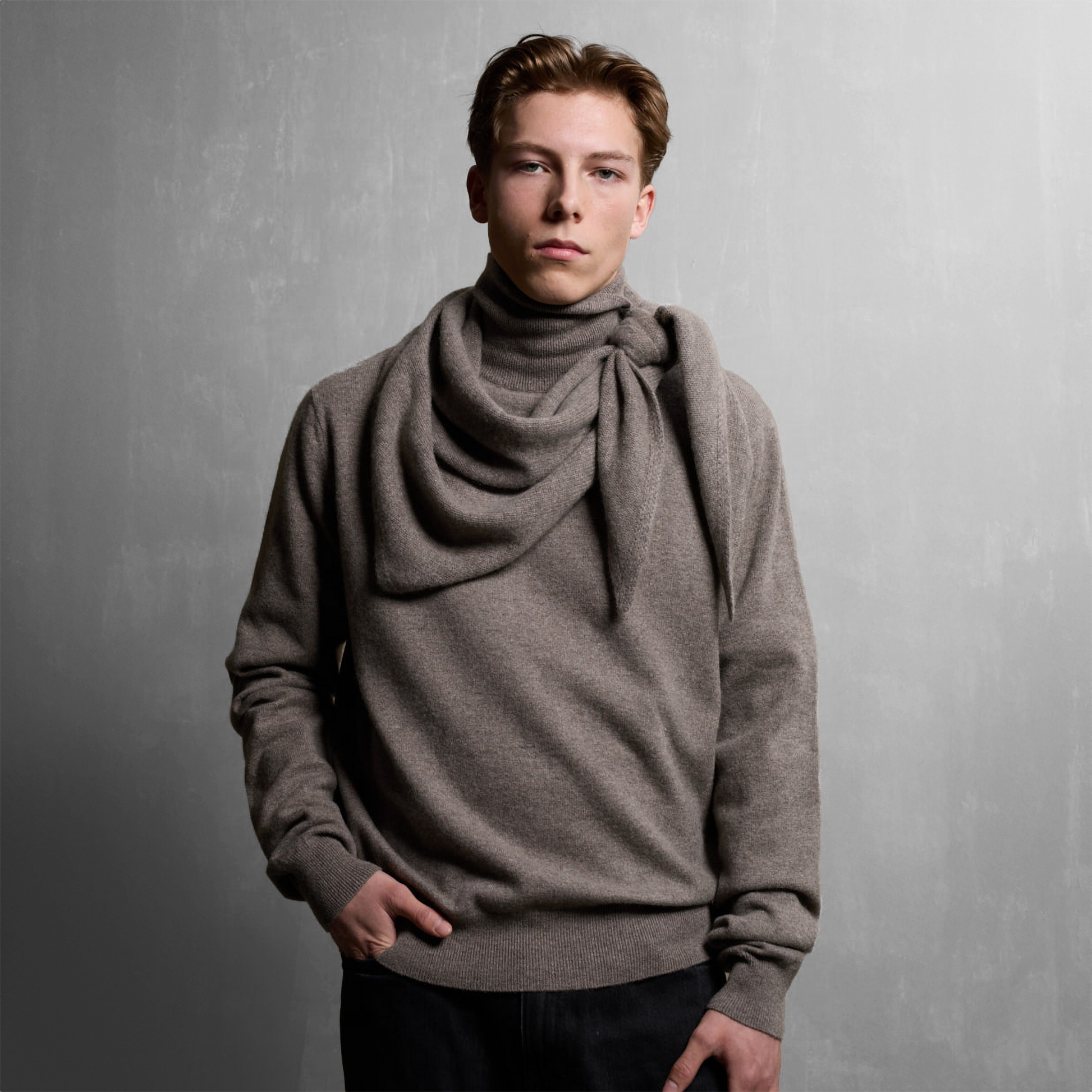 MA81 Cashmere Triangular Scarf by Mawei, grey brown, front view, male model.
