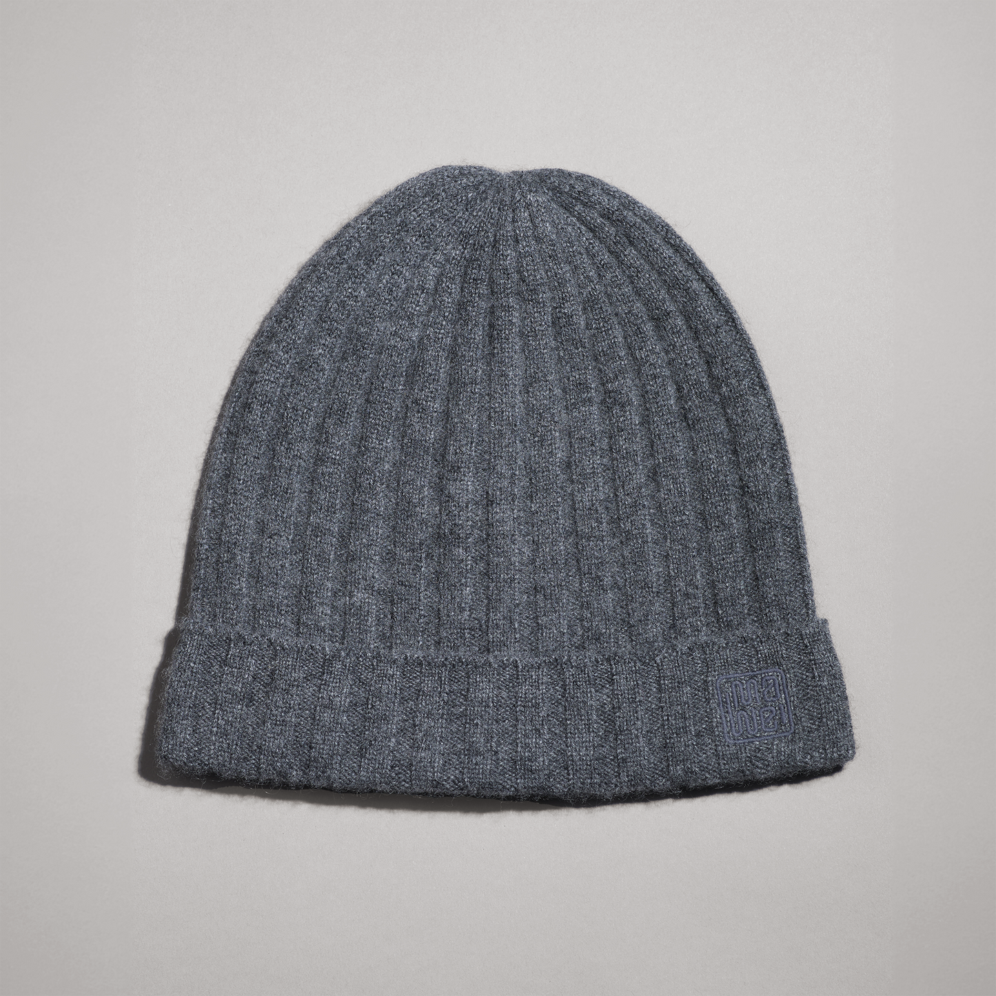 MA71 Cashmere Beanie by Mawei, grey-brown, flat lay.
